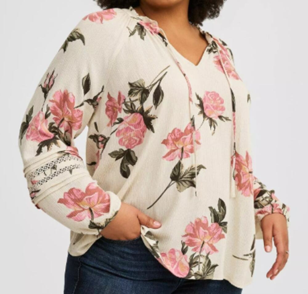 Torrid Pink Floral on Ivory Crinkle Gauze Tie Front Peasant Blouse sz 0X NEW